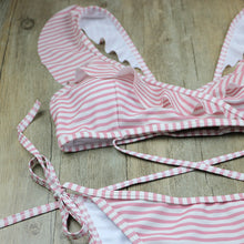 Retro Striped Print Ruffle Wrap Tie Bikini Bathing Suit