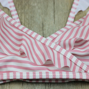 Retro Striped Print Ruffle Wrap Tie Bikini Bathing Suit