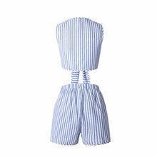 Summer Striped Blue Deep V Neck 2 Piece Crop Top And Shorts Elastic Waist Set