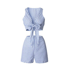 Summer Striped Blue Deep V Neck 2 Piece Crop Top And Shorts Elastic Waist Set