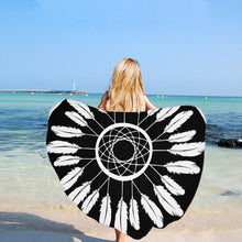 Round Boho Beach Towel with Mandala, Geometric, Feather, Print