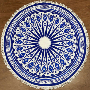 Round Boho Beach Towel with Mandala, Geometric, Feather, Print