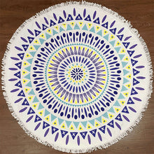 Round Boho Beach Towel with Mandala, Geometric, Feather, Print