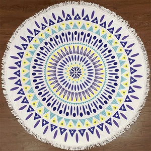 Round Boho Beach Towel with Mandala, Geometric, Feather, Print