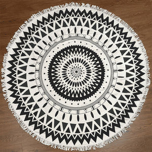 Round Boho Beach Towel with Mandala, Geometric, Feather, Print