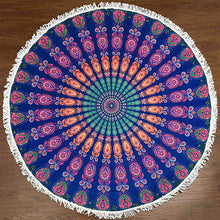 Round Boho Beach Towel with Mandala, Geometric, Feather, Print