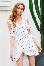 Super cute polka dot, v-neck, ruffle, off the shoulder, wrap style dress.