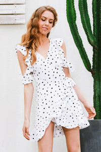 Super cute polka dot, v-neck, ruffle, off the shoulder, wrap style dress.