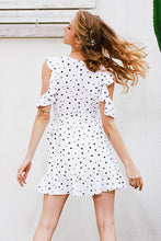 Super cute polka dot, v-neck, ruffle, off the shoulder, wrap style dress.