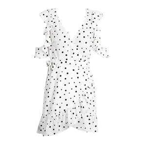 Super cute polka dot, v-neck, ruffle, off the shoulder, wrap style dress.