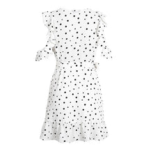 Super cute polka dot, v-neck, ruffle, off the shoulder, wrap style dress.