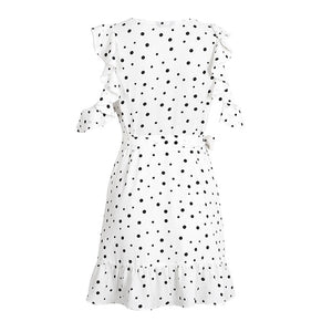 Super cute polka dot, v-neck, ruffle, off the shoulder, wrap style dress.