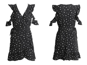 Super cute polka dot, v-neck, ruffle, off the shoulder, wrap style dress.