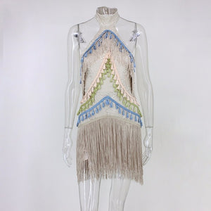 Vintage Fringe Backless Halter Dress