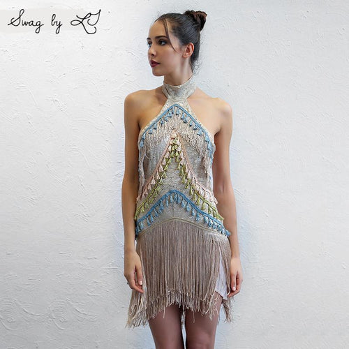 Vintage Fringe Backless Halter Dress