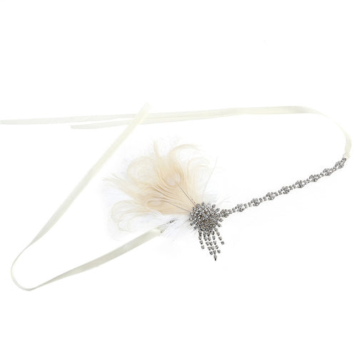 White Peacock Feather &  Crystal Headband (Roaring 20's, Bridal)