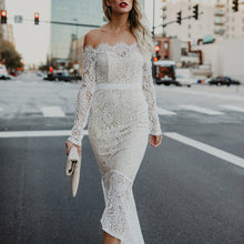 White Lace Off The Shoulder Dress W/ High-waist & High Low Mid-Calf Cut