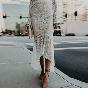 White Lace Off The Shoulder Dress W/ High-waist & High Low Mid-Calf Cut