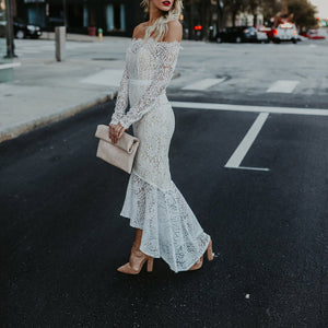 White Lace Off The Shoulder Dress W/ High-waist & High Low Mid-Calf Cut