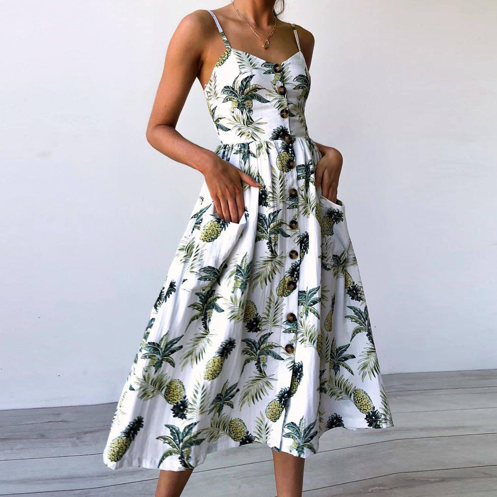 Tropical Print Cute Spring Button Down Princess Dress