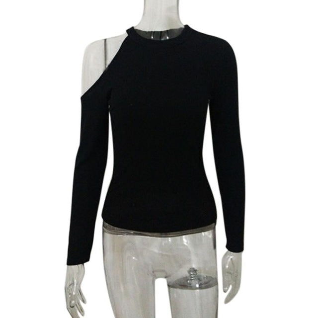 Black Long Sleeve Slim Top with Shoulder Cut Out