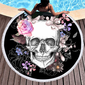 Pink and Black Floral Skull Round Beach Towel with Fringe