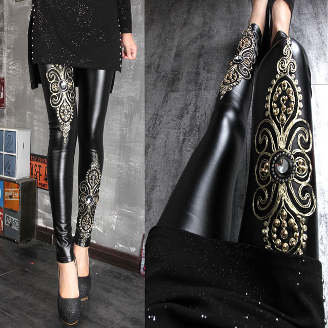 Faux Leather Leggings with Sequin Embroidered