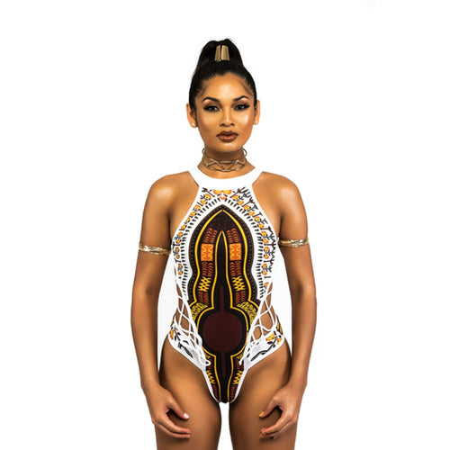 Strappy African Print One Piece Bikini Swimsuit Backles