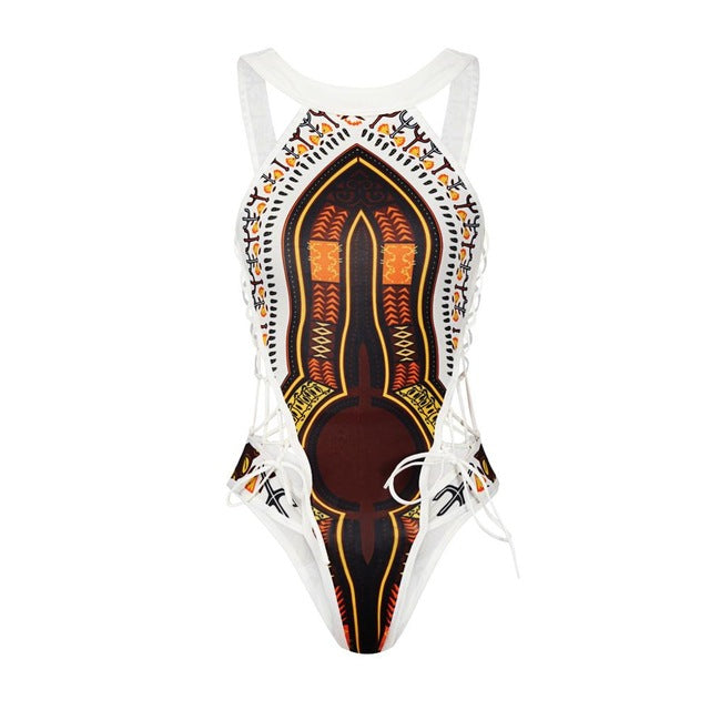 Strappy African Print One Piece Bikini Swimsuit Backles