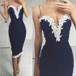 Dainty Strap Deep V Neck w/ Thick Lace Trim Knee-Length Dress