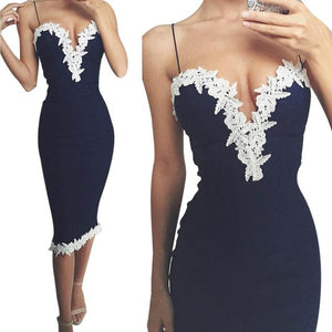 Dainty Strap Deep V Neck w/ Thick Lace Trim Knee-Length Dress