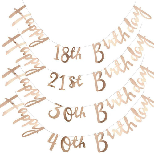 Rose Gold Cursive Happy Birthday Banner With Age, 18th, 21st, 30th, or 40th