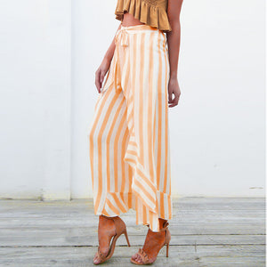 Ruffle Mid Waist Wide Leg Cotten Pants