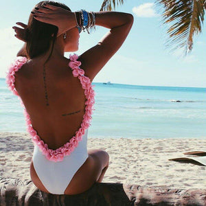 White & Pink Floral Ruffle Monokini Swimwear