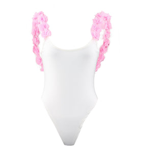 White & Pink Floral Ruffle Monokini Swimwear